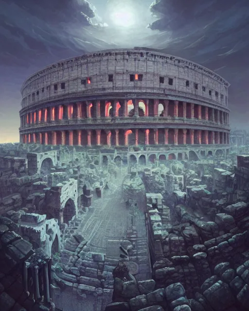 Image similar to roman colosseum by peter mohrbacher and dan mumford and nekro, cgsociety, volumetric light, 3 d render