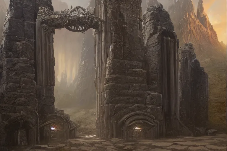 Prompt: 50 feet tall obsidian stone gates that serve as the entrance to hell, highly detailed, artstation, concept art, by ted nasmith and greg rutkowski