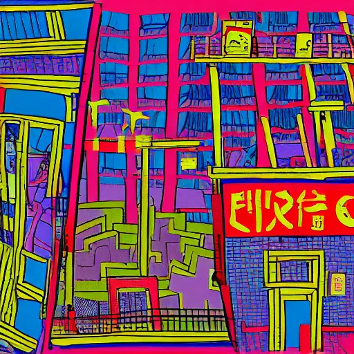 Image similar to a chinese prison, in the style of daniel johnston and outsider art, 8 k, line brush, minimal, brightly coloured, flat blocks of color, overlaid with chinese adverts