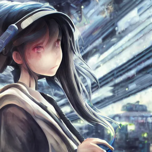 Image similar to dynamic composition, motion, ultra-detailed, incredibly detailed, a lot of details, amazing fine details and brush strokes, colorful and grayish palette, smooth, HD semirealistic anime CG concept art digital painting, watercolor oil painting of Clean and detailed post-cyberpunk sci-fi close-up schoolgirl in asian city in style of cytus and deemo, blue flame, relaxing, calm and mysterious vibes,, by a Chinese artist at ArtStation, by Huang Guangjian, Fenghua Zhong, Ruan Jia, Xin Jin and Wei Chang. Realistic artwork of a Chinese videogame, gradients, gentle an harmonic grayish colors. set in half-life 2, Matrix, GITS, Blade Runner, Neotokyo Source, Syndicate(2012), dynamic composition, beautiful with eerie vibes, very inspirational, very stylish, with gradients, surrealistic, dystopia, postapocalyptic vibes, depth of field, mist, rich cinematic atmosphere, perfect digital art, mystical journey in strange world