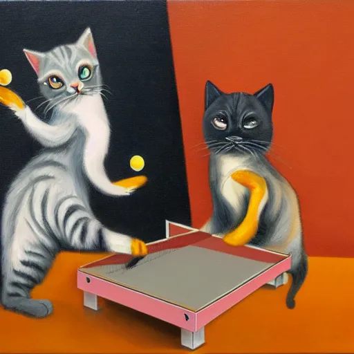 Prompt: two cats playing ping - pong on orange background, oil painting