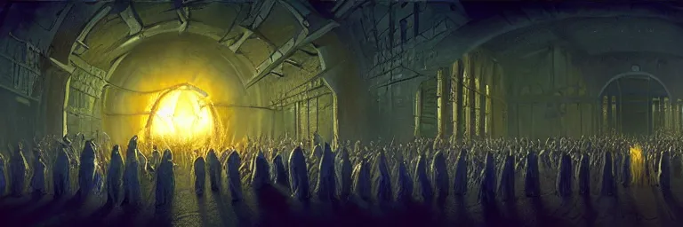 Image similar to a crowd of worshipers praying to a portal to hell, by Michael Whelan, luminous lighting, cinematic, panoramic, aspect ratio 1:3