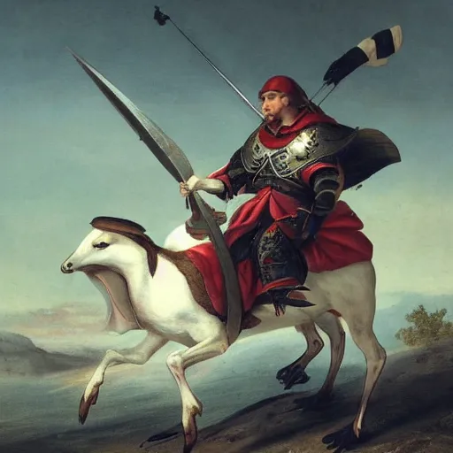 Image similar to crusader riding a goose into battle