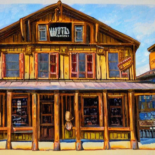 Prompt: painting of a western saloon exterior in old town