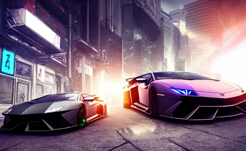 Prompt: photorealistic cyberpunk lamborghini. daylight. sunlight. lens flare. light fixtures. 8K. detailed. photorealism. artstation. 25mm f/1.7 ASPH Lens. ultra realistic