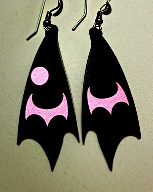 Image similar to spooky cartoon bat, 2 d lasercut earrings, in the style of tim burton