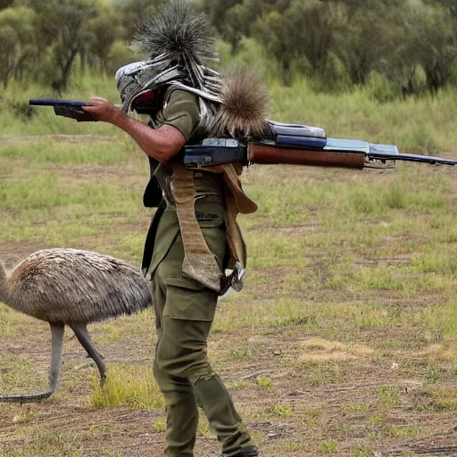 Image similar to emu soldier carrying firearms victorious at the fall of australia