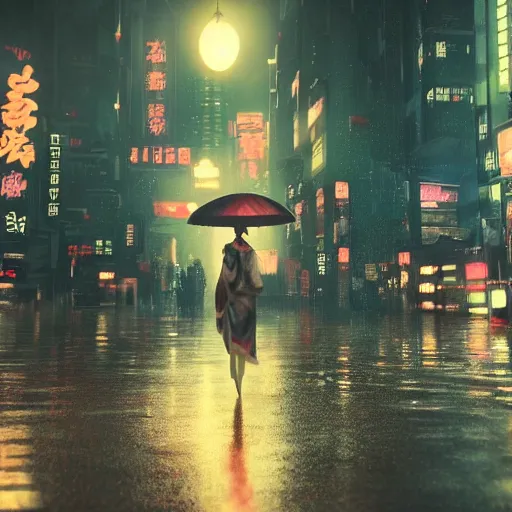 Prompt: geisha in a cyberpunk rainy city at night with a torii in the background, high quality, high detail, 4K, UHD, trending on ArtStation, blade runner vibes, ghost in the shell