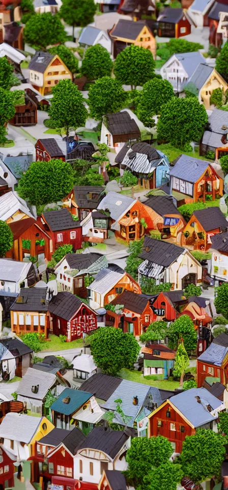 Prompt: Miniature town with wooden houses, 4K render, depth of field, natural lighting