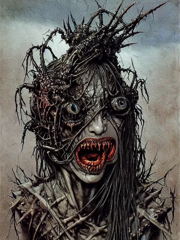 Prompt: a creepy armored horned fanged demon woman with blue scarred skin wrapped in barbed wire. extremely high detail, realistic, fantasy art, solo, bones, masterpiece, saturated colors, tangled, ripped flesh, art by zdzisław beksinski, arthur rackham, dariusz zawadzki