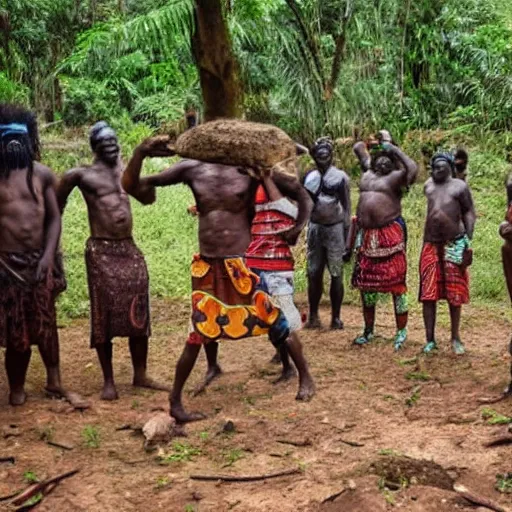 Prompt: ancient igbo ceremony where shamans wearing fearsome tribal masks emerge from dark woods.