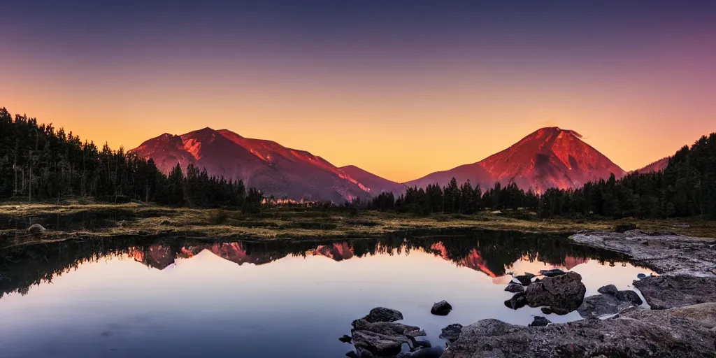 Image similar to A big and beautiful mountain with a clear pond in front of it and an orange sun behind the mountain, professional photography