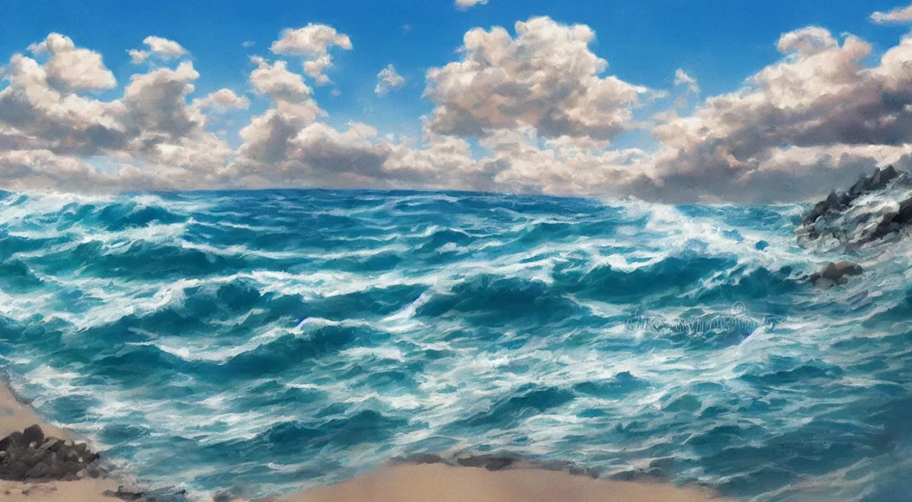 Image similar to ocean side beach blue sky clouds waves water beautiful artstation 4 k breathtaking illustration cartoon by jack kirby artstation concept art matte painting