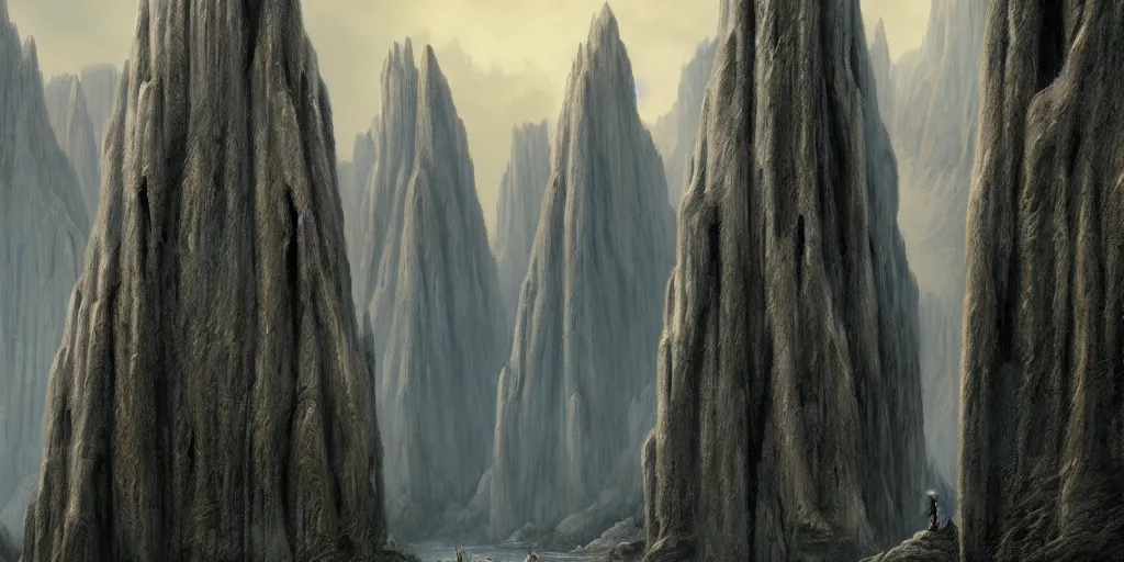 Image similar to Argonath statues at the River Anduin, Pillars of the Kings, evening, detailed matte painting, low angle view, cinematic, Alan Lee, Artstation