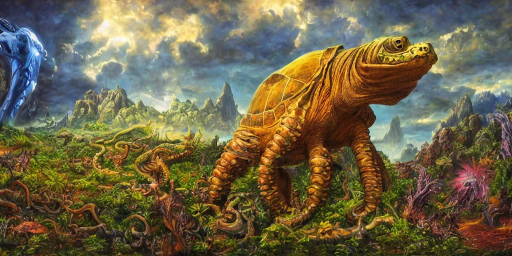 Image similar to fantasy oil painting, great leviathan, cybernetic turtle cephalopod terrapin reptilian pachyderm squid, bella hadid, hybrid, milla jovovich, anubis, epic natural light, lush plants flowers, spectacular mountains, bright clouds, luminous sky, outer worlds, golden hour, michael cheval, edward hopper, michael whelan, vray, hd