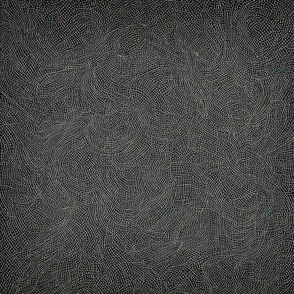 Image similar to pattern, anxiety, smiling, abstract, maya bloch artwork, ivan plusch artwork, cryptic, lines, stipple, dots, abstract, geometry, splotch, concrete, color tearing, uranium, acrylic, neon, pitch bending, human figures, faceless people, dark, ominous, eerie, minimal, points, technical, painting