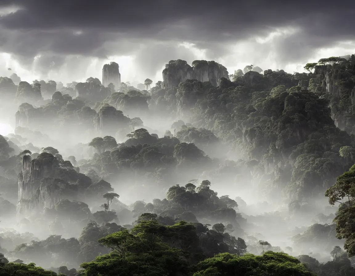 Prompt: very detailed photograph of a tall gleaming steel brutalist city with lit windows nestled within an elaborate ancient jungle valley with jagged rocks and peaks, misty at sunset with volumetric lighting. sunlit cumulonimbus storm clouds float over. lush foliage, grasses cover the ground. atmospheric haze, radiosity