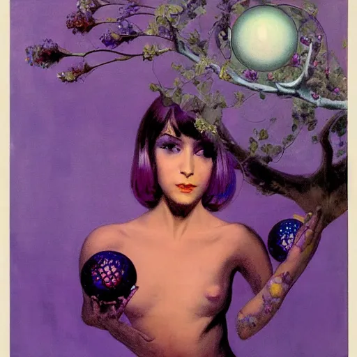 Image similar to a girl with three eyes : : on 5 translucent luminous spheres, full of floral and berry fillings, in an ocean of lavender color by frank frazetta