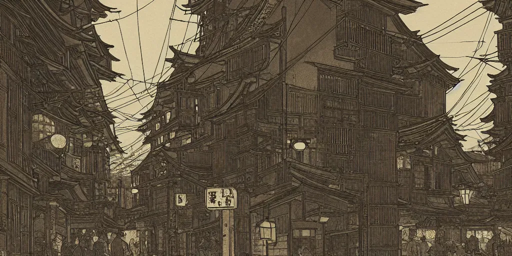 Image similar to feudal japan tokyo street at night, street level, cinematic lighting, 4k, trending on artstation, low key, intricate ink illustration, digital art, ultra detailed, art by albert bierstadt