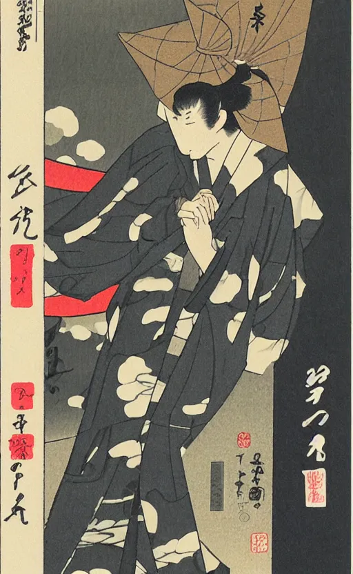 Image similar to by akio watanabe, manga art, male calligrapher running outside house door, kyoto, kimono, trading card front