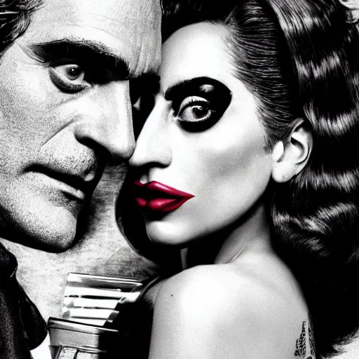 Prompt: detailed 4 k photorealistic lady gaga and joaquin phoenix talk each other, some detailed footage in next joker movie in the style of nick ut and eddie adams and margaret bourke and yousuf karshs and alfred eisenstaedt