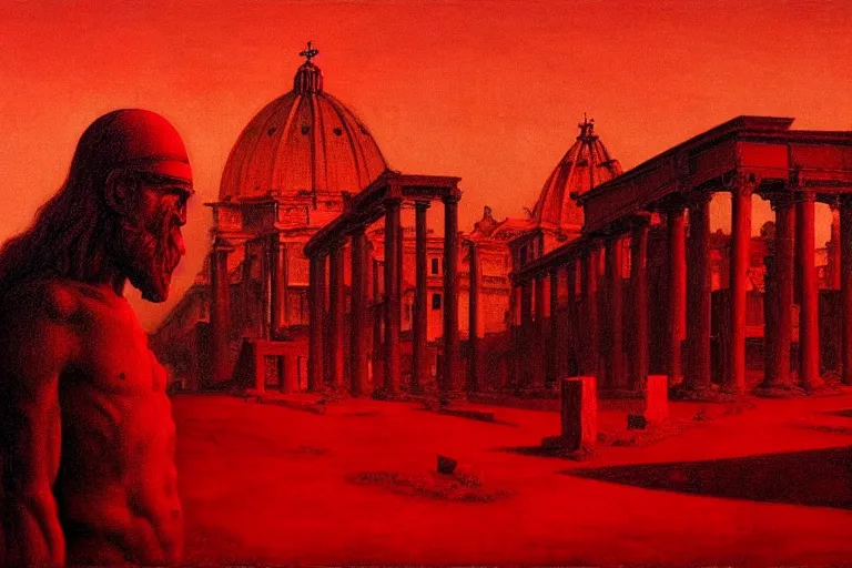 Image similar to only with red, caesar after war, a red tiger, in hoc signo vinces, rome in background, an ancient path, in the style of beksinski, part by hopper, part by rodcenko, part by hofbauer, intricate composition, red by caravaggio, insanely quality, highly detailed, masterpiece, red light, artstation