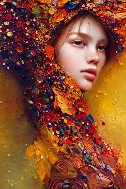 Prompt: close - up portrait of beautiful girl by irakli nadar with intricate detailed color smashing fluid oil paint and acrylic, autumn leaves headdress, melting wax, mycelia, abstract impressionism, ruan jia, fantasy, hyper detailed, concept art, by gustav klimt,