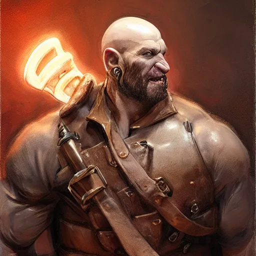 Prompt: portrait of a muscular, bald orc mechanic, wearing a heavy brown leather coat, wielding a wrench, DnD character, fantasy character, dramatic lighting, high detail, digital art by Ruan Jia