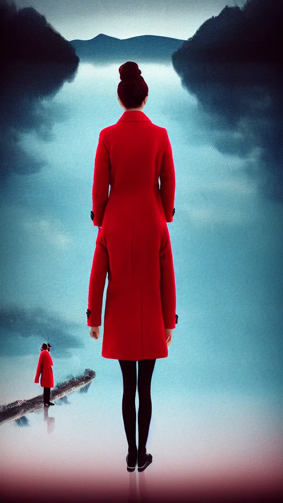 Image similar to wide shot rear view slr photographer woman hair in a bun kanzashi long red coat sneakers looking out over a placid lake, a character design painting, in the style of wes anderson, lola dupre, david hockney, isolated on negative white space background dark monochrome neon fluorescent spraypaint accents volumetric octane render