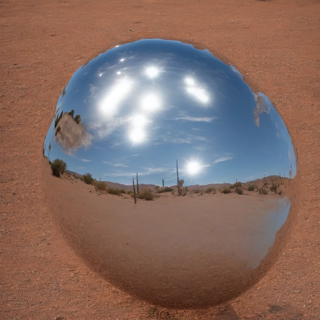 Prompt: a large metallic ball with a mirror finish sits in the arizona desert