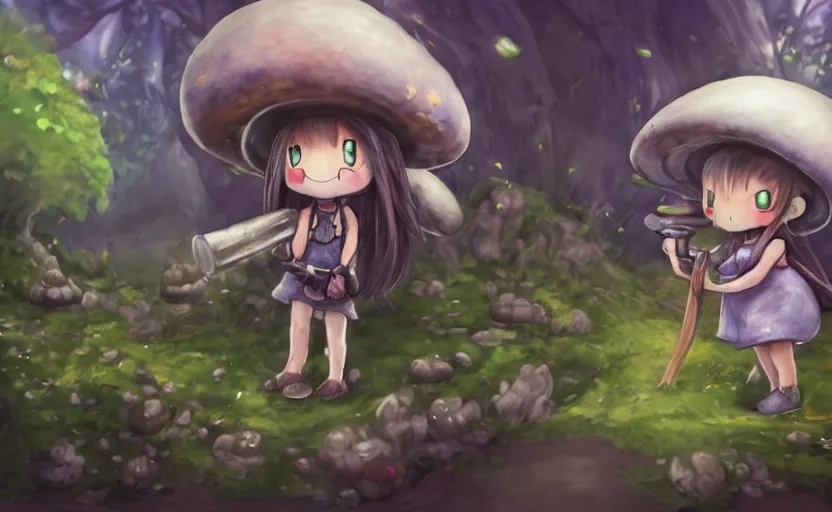 Image similar to cute little girl with an long hair wearing an mushroom hat and holding an cute cannon in the dark forest next to a sinister monster, cute artwork, clean detailed art, inspired made in abyss, detailed background, fantastic world, spectacular quality, trending on pixiv