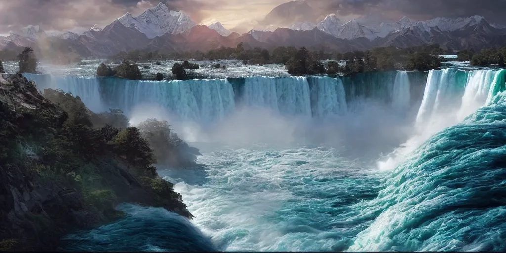 Prompt: peacock flying over a cascade of multiple gigantic niagara falls in the himalaya, epic mountains, dawn, sunrise colors, fantasy illustration, matte painting, concept art, low angle shot, volumetric lighting, volumetric atmosphere, morning mist, art by james gurney, unreal engine 5, 8 k