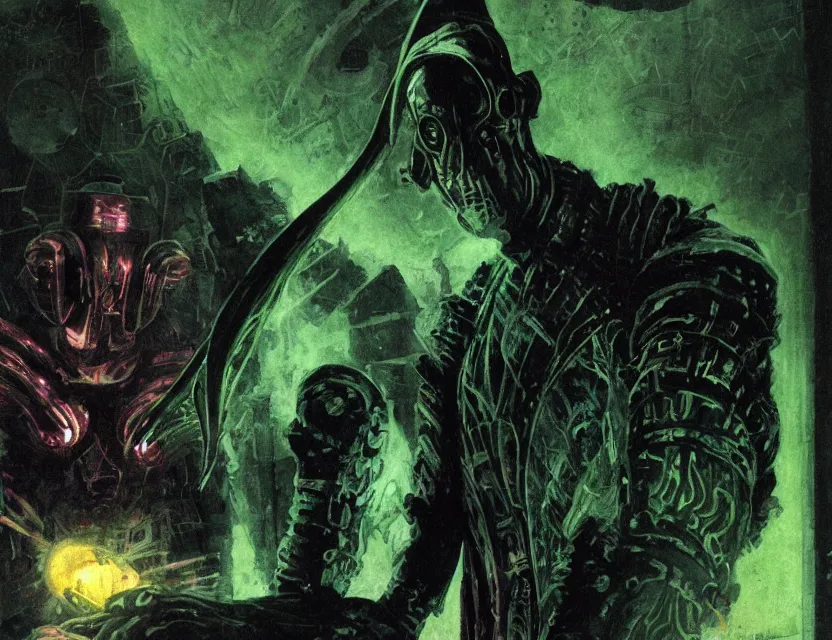 Image similar to a close - up view portrait of a silhouetted supernatural wizard in brutalist halls with metallic alien technology. close - up view, detailed textures. glowing green purple fog, dark black background. highly detailed fantasy science fiction painting by moebius, norman rockwell, frank frazetta, and syd mead. rich colors, high contrast