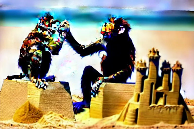 Image similar to a monkey touching a completed sand castle