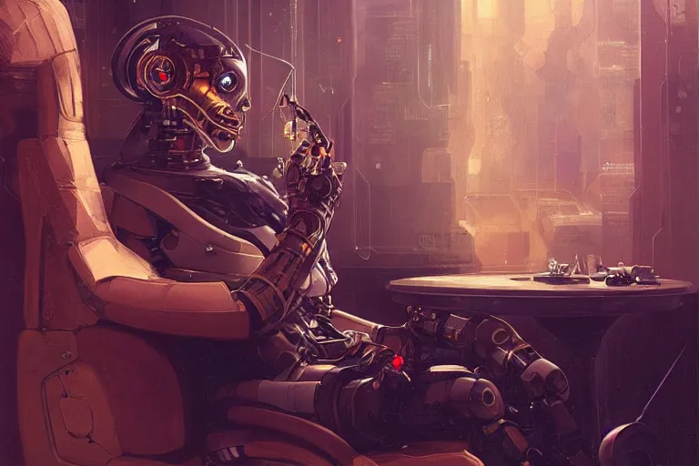 Image similar to Ultra realistic illustration, robot sitting smoking a cigar, cyberpunk, sci-fi, fantasy, intricate, elegant, highly detailed, digital painting, artstation, concept art, smooth, sharp focus, illustration, art by artgerm and greg rutkowski and alphonse mucha