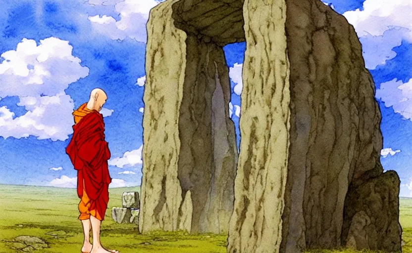 Prompt: a realistic anime watercolor fantasy concept art of a giant monk with a big forehead and a grey robe waving in stonehenge. an immense stone is floating in the air. by rebecca guay, michael kaluta, charles vess