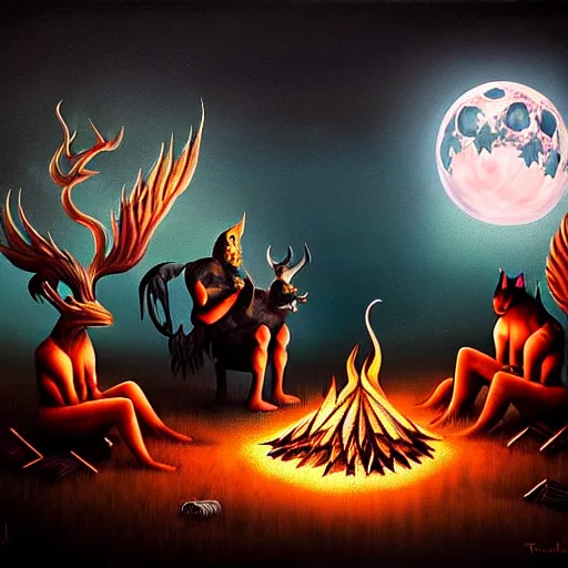 Image similar to strange mythical beasts of sitting around a fire under a full moon, surreal dark uncanny painting by ronny khalil