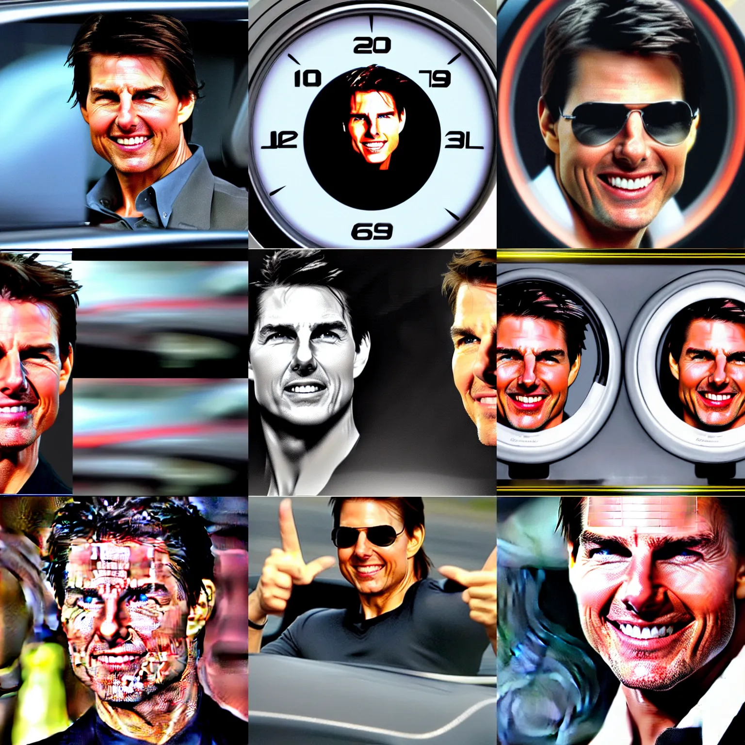 Prompt: tom cruise's face in a car speedometer, car speed controls with tom cruise's face, mph