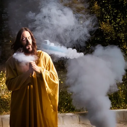 Image similar to jesus christ exhaling a huge smoke cloud from his holy bong, award winning candid photography