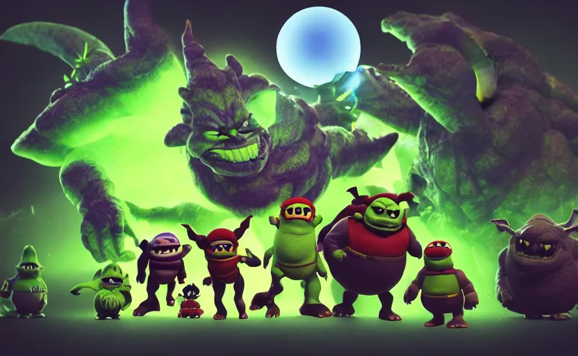 Image similar to pizza godzilla yoda donkey kong pikachu yeti shrek super robot homer groot waluigi darth vader mike wazowski, highly detailed, extremely high quality, hd, 4 k, 8 k, professional photographer, 4 0 mp, lifelike, top - rated, award winning, cinematic, realistic, detailed lighting, detailed shadows, sharp, no blur, edited, corrected, trending