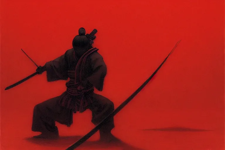 Image similar to only with red, a red samurai do seppuku, tokio, a lot of frogs watch, in the style of beksinski, parts by edward hopper, parts by rodcenko, parts by yue minjun, intricate and epic composition, red by caravaggio, insanely quality, highly detailed, masterpiece, red light, artstation, 4 k