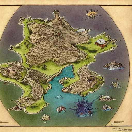 Image similar to an isometric fantasy map, the land of Odrua, uncluttered, bordered by ocean, continent with mountains lakes hills and cities, by brian froud by jrr tolkien