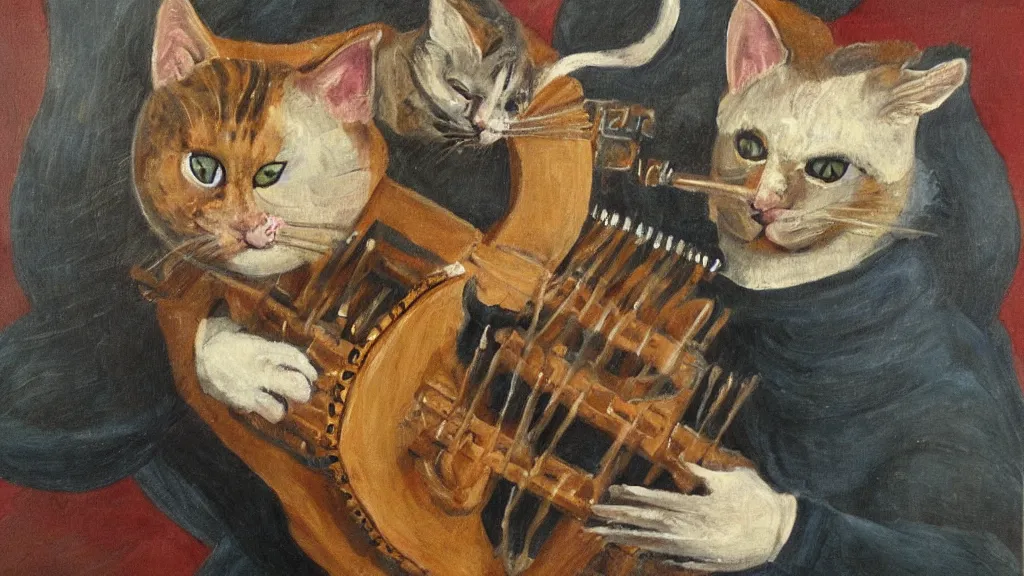 Prompt: A painting of a half-man half-cat creature playing the hurdy gurdy.