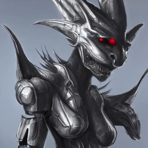 Image similar to stunning cinematic elegant body shot with an upward angle, of a beautiful hot anthropomorphic robot female dragon, well designed highly detailed cute female dragon head with slick eyes, looking back at the camera with a smirk, well armored, detailed claws, high quality, HD octane render, fantasy, furry art, Artstation, Deviantart, Furaffinity