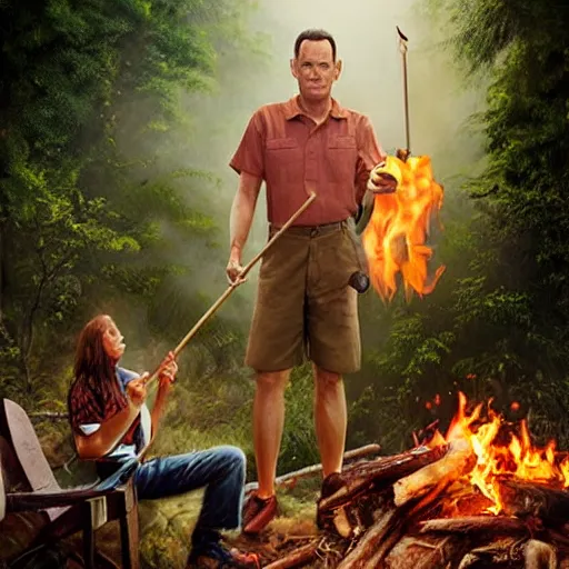 Image similar to tom hanks as forrest gump holding a giant shrimp skewer over a campfire in the jungle, realistic digital painting, in the style of Aleksi Briclot, photoreailstic, realistic face, amazing detail, sharp