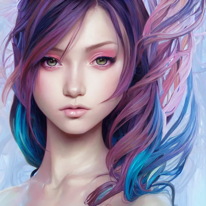 Image similar to portrait of beautiful symmetrical anime girl, rainbow hair, attractive, casual, modern, victoria's secret, highly detailed, digital painting, artstation, concept art, smooth, sharp focus, illustration, art by artgerm, greg rutkowski and alphonse mucha, 8 k,