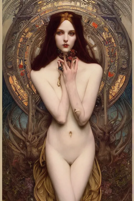 Image similar to masterpiece painting of beautiful vampire girl by donato giancola, h. r. giger and tom bagshaw, face by artgerm and edmund leighton, background by james jean and alphonse mucha, 8 k, gothic horror, majestic, volumetric lighting, porcelain skin, art deco, trending on pixiv