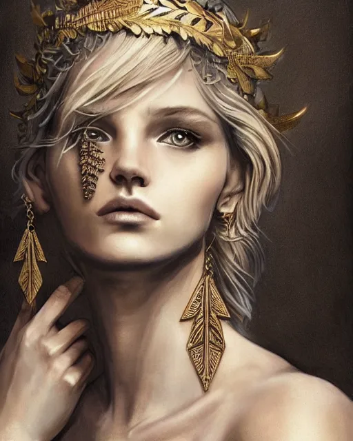 Image similar to tattoo sketch of blonde super model aphrodite greek goddess wearing a gold laurel wreath and triangle earrings, beautiful piercing gaze with sharp pupils, in the style of greg rutkowski, fantasy, amazing detail, epic, elegant, smooth, sharp focus, front view