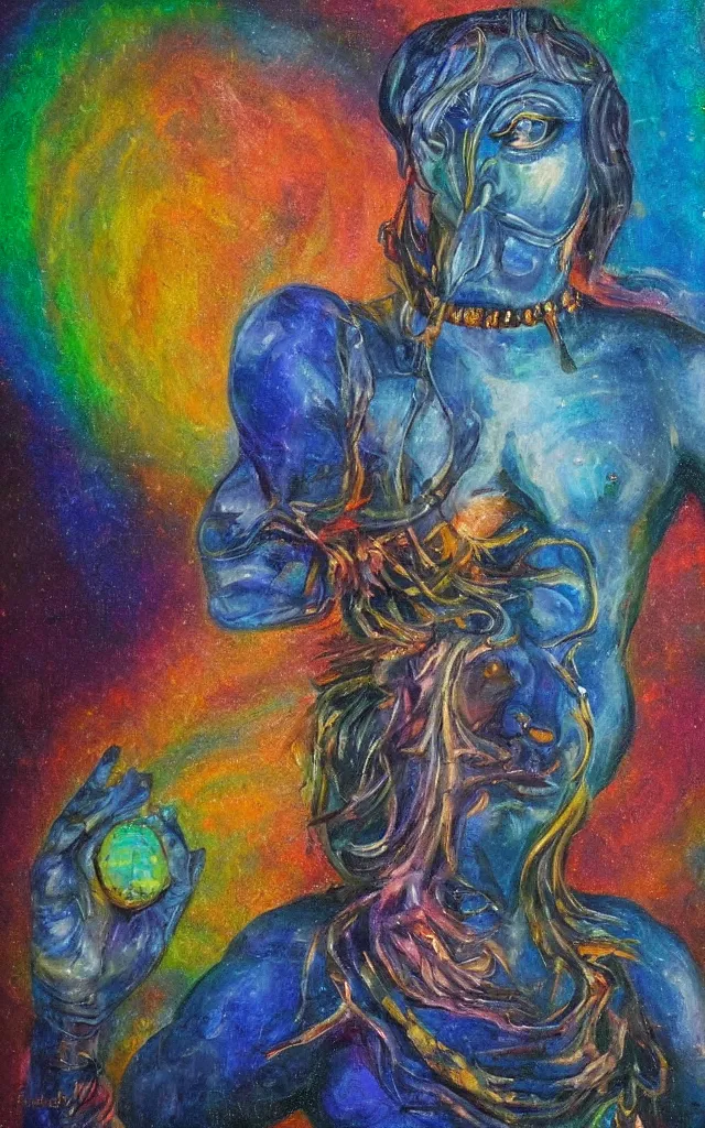 Image similar to the god of the lunar mythos lunar deity, award winning oil painting, iridescent colors