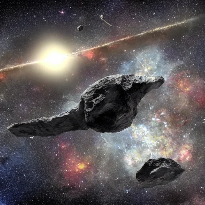 Image similar to asteroid belt with big asteroid shaped like the punisher symbol